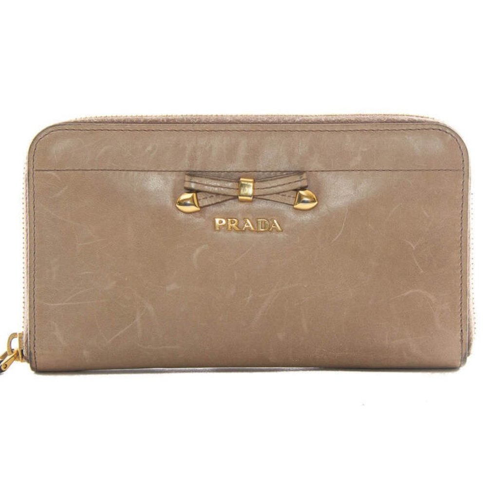 Authentic Prada Vitello Shine Tan Leather zip around wallet